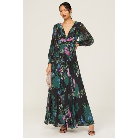 BADGLEY MISCHKA Black Green Floral Long Sleeve V-Neck Pleated Gown Size 4 - Picture 1 of 12